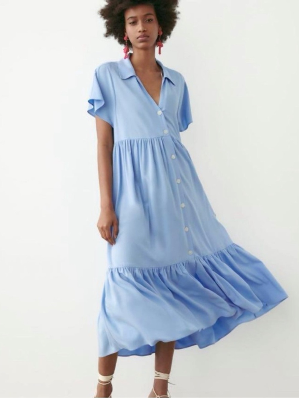 Zara Light Blue Button-Front Midi Dress